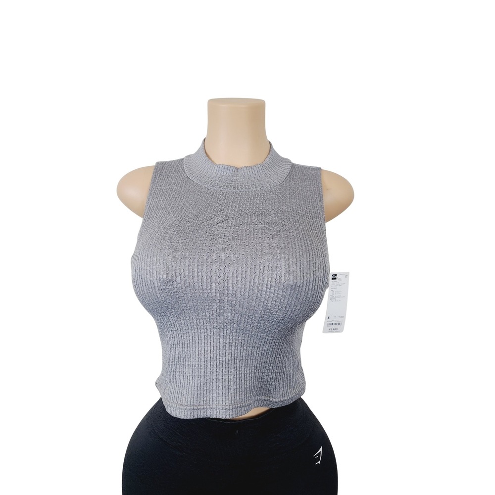 GU Back button closure Ribbed High Neck Tank Top Sleeveless Women Size S Gray